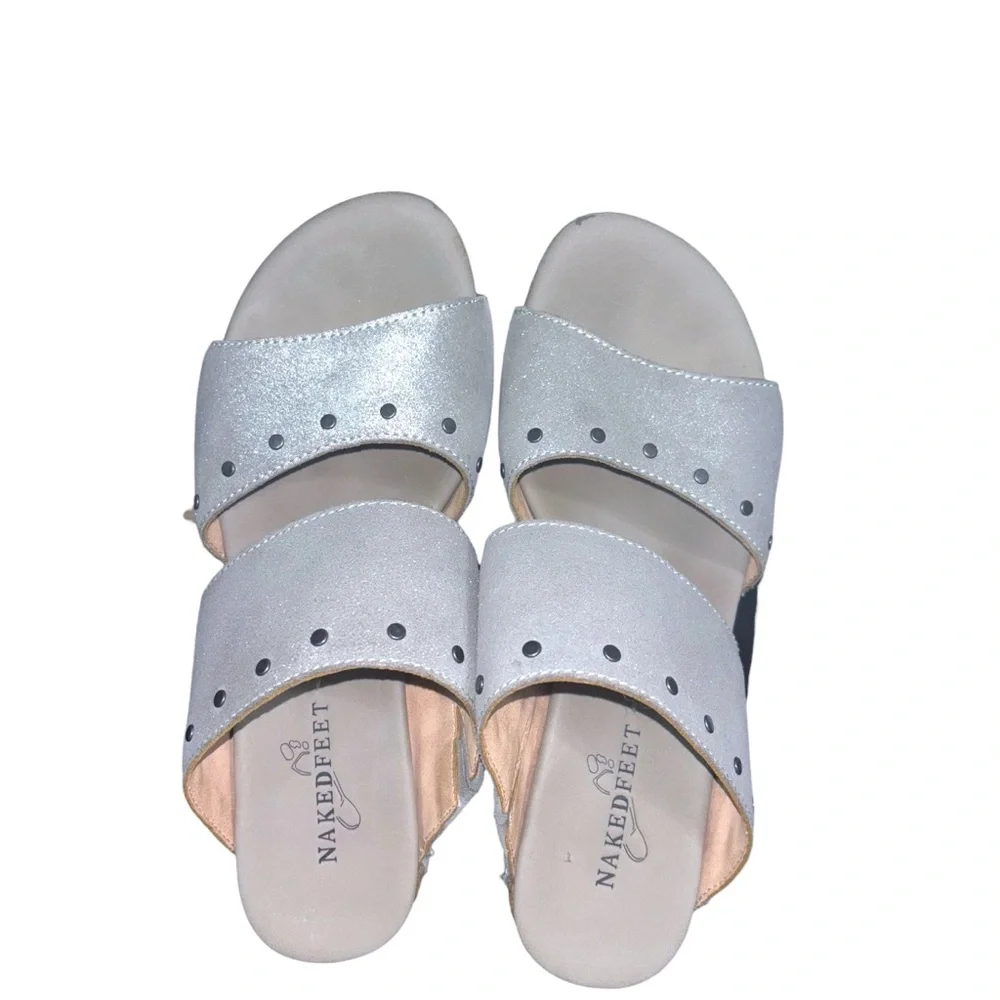 Naked Feet Beslow Leather Platform Slide Sandal Chunky Heel Silver 8
